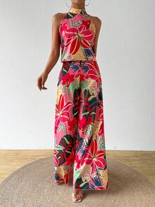 Breezaya Women's Bohemian Tropical Print Halter Neck 2 Pieces Set, Spring/Summer - Pink - View 6