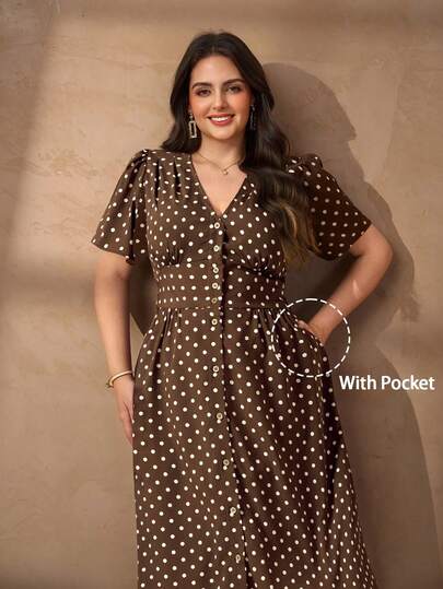 Chikora Plus Size Women Elegant V-Neck Casual Office Dress Summer Dresses For Women Summer Outfits For Women Summer Clothes Summer Vacation Outfits Summer Outfits For Woman Summer Clothes Women Office Attire For Women Work Outfits For Women Work Tops For Women Brown Dress Brown Skirt Brown Dresses For Women Polka Dot Dress Elegant Dresses For Women Elegant Dress For Women Elegant Dresses For Party Elegant Dress Women High-Quality Dress Brown Polka Dot Dress Button Dress Tea Dress Polkadot Dress