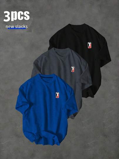 Sport MetroGents 3件装男士宽松落肩印花短袖运动T恤，夏季