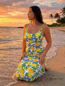 Veykashi Casual Minimalist Full-Print Fresh Lemon Fruit Pattern Bodycon Cami Maxi Dress, Suitable For Summer, Beach Vacation, Graduation Season, Spring Break - Yellow - View 3