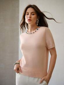 MOTF PREMIUM WOMEN'S RHINESTONE EMBELLISHED SHORT SLEEVE KNIT TOP - Pink - View 4