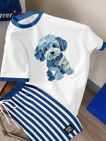 Manfinity Joysei Conjunto informal de estilo vaquero con estampado 3D de cachorro de dibujos animados, conjunto de camiseta y pantalones cortos de moda unisex con estampado azul y blanco