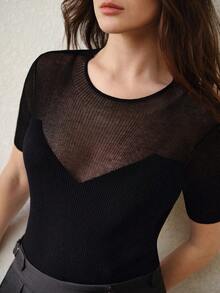 MOTF PREMIUM 女士短袖修身半透明针织上衣 - 黑色 - 查看 1