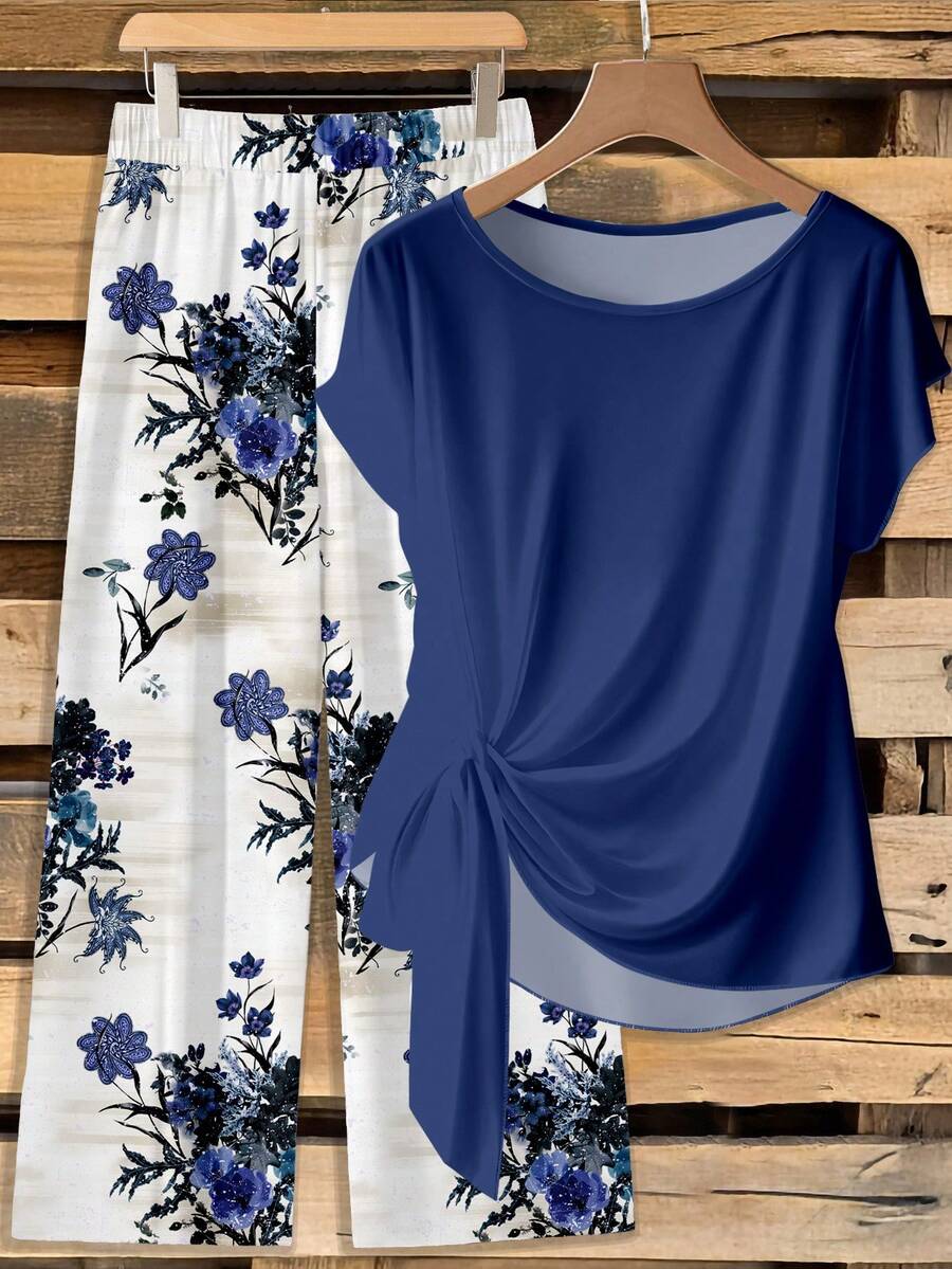 SHEIN LUNE 女士紫色花卉撞色系带蝴蝶结上衣和直筒宽松裤两件套,休闲款 - 彩色 - 查看 1