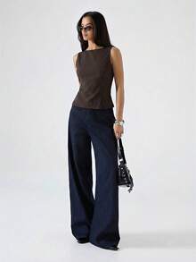 LYSMO 2026新款简约棕色条纹圆领修身休闲背心，适合工作/商务休闲/办公室穿着，时尚女式衬衫/休闲女式衬衫 - 棕色 - 查看 6