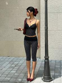 SHEIN 休闲简约复古优雅百搭通勤、派对、海滩、度假装扮，女士夏季黑色波点打底裤 - 彩色 - 查看 7