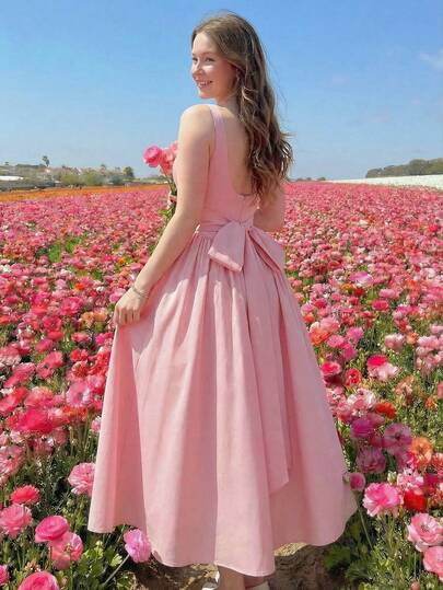 SHEIN MOD Plus Size Pink Spaghetti Strap Dress With Bow Back Decor, Formal Event Dress,Women's White Backless Bow Tie Long Dress, Summer Pink Dress,Graduation Dress, Brunch Outfits For Women Flowy Dress,Corset Dress