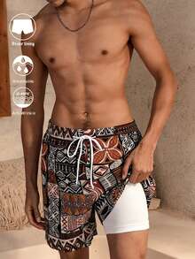 Azuldrift Men's Geometric Pattern Drawstring Waist Beach Shorts Men Swim Trunks Geometric Hawaiian Shorts For Men Men Swim Trunks Brown - Coffee Brown - View 2