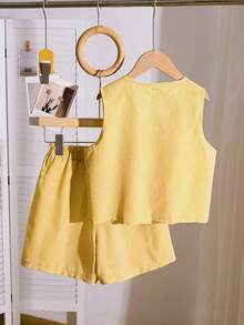SHEIN 2pcs/Set Baby Girls' Casual Vacation Sweet Pink Striped Plaid Sleeveless Vest + Matching Loose Sports Shorts - Yellow - View 2