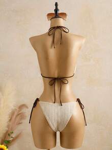 Swim SXY 2026 Ensemble de tankini 2 pièces pour femmes, tenue de plage pour vacances. Élégant, romantique et sexy. Tissu bohème à texture ondulée. Garniture en tricot de luxe minimaliste bicolore. Décoration de bouton en métal délicat en forme d'étoile de mer. Ourlet volant naturel. Coupe affinante. Nœud papillon réglable. Doublure de bonnet amovible. Col ras-du-cou. 2 pièces pour la plage. - Kaki - Voir 14