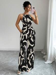 Selianne Bộ áo hai dây xếp ly bằng vải in họa tiết dành cho nữ, thích hợp cho kỳ nghỉ và mặc hàng ngày, bộ áo liền quần cổ yếm thanh lịch và duyên dáng cho phụ nữ, áo liền quần ống rộng, áo liền quần sang trọng, áo liền quần đen trắng. - màu đen - Xem 3