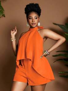 Maweii Mono informal de unicolor con cuello halter para mujer de talla grande - Naranja - Ver 3