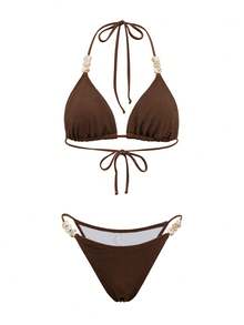 Swim Oasis Bộ đồ bơi 3 mảnh màu nâu đậm dành cho nữ, kiểu cổ yếm, cúp ngực tam giác, đính cườm, khoét rỗng, gợi cảm, thích hợp cho kỳ nghỉ hè, đi biển. - màu nâu - Xem 5