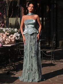 Glamrae Đầm maxi ren satin tay dài đính cườm và kim sa sang trọng, gợi cảm, không dây vai, thích hợp cho đám cưới, sự kiện, tiệc tùng, kỳ nghỉ, dạ hội (được trang trí cầu kỳ). - Màu xanh nhạt - Xem 6