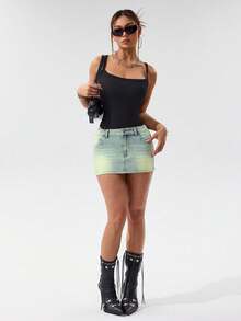 SHEIN PETITE Váy mini denim giản dị thiết kế túi ôm vừa vặn dành cho nữ - Màu xanh lam - Xem 5
