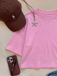 SHEIN EZwear 女士粉色短袖休闲圆领T恤夏季 - 粉色 - 查看 6