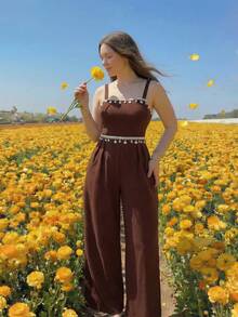 SHEIN MOD Plus Size Brown Elegant Beach Resort Long Jumpsuit, Spring/Summer Shell Element Woven Belt Jumpsuit Boho Jumpsuit For Women Bohemian Jumpsuit Festival Outfits For Women Hippie Jumpsuit Bohemian Outfit For Women - Brown - View 1