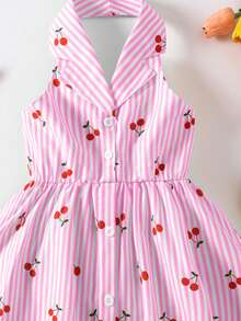 SHEIN Casuvi Kids 花园女孩夏季新款时尚Polo领露背吊带束腰甜美度假风连衣裙，少女正式连衣裙 - 粉色 - 查看 6