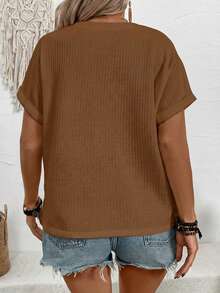 EMERY ROSE Plus Size V-Neck Button Striped Loose Short Sleeve T-Shirt - Coffee Brown - View 2