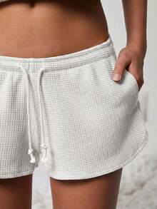 WESTFADE Quần short dệt kim kiểu dáng dễ thương, cạp trung bình, buộc dây phía trước. - trắng - Xem 3