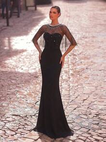 Aureia 优雅浪漫时尚的黑色弹力网纱拼接水钻装饰鱼尾裙，适合优雅派对、婚礼宾客着装、正式晚礼服。 - 黑色 - 查看 5