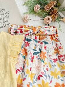 LMoss Kids Set de 2 piezas de top con cuello de volantes de unicolor y pantalones holgados con estampado floral para bebé niña - Multicolor - Ver 4