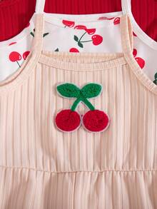 SHEIN Elladie kids 3件套女婴夏季新款简约无袖针织罗纹面料樱桃印花3D刺绣樱桃可爱时尚百搭日常休闲连体短裤 - 彩色 - 查看 5