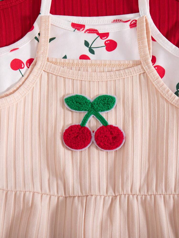 Elladie kids 3pcs/Set Baby Girls' Summer New Simple Sleeveless Knitted Rib Fabric Cherry Print 3D Embroidery Cherry Cute Fashion Versatile Daily Casual Jumpsuit Shorts - Multicolor - View 5