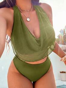 Swim Vcay Bộ đồ bơi hai mảnh dáng rộng, màu trơn, dây mảnh, cạp cao dành cho nữ, thích hợp cho kỳ nghỉ biển mùa xuân/hè. - màu xanh lá - Xem 1