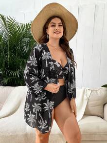 Swim Lushoire Bộ bikini và quần tam giác dáng rộng in hình cây dừa dành cho nữ cỡ lớn, thích hợp mặc đi biển mùa hè, kèm áo choàng. - Nhiều màu - Xem 3