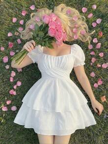 SHEIN MOD Đầm ngắn tay phồng màu trơn mùa hè, cổ tim, thắt nơ sau lưng, thích hợp cho lễ tốt nghiệp hoặc sinh nhật. - trắng - Xem 6