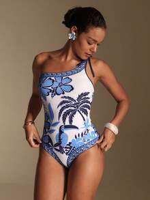Swim Oasis Bộ đồ bơi liền thân kèm váy in họa tiết hoa và chim nhiệt đới dành cho nữ, kiểu cổ yếm, thích hợp cho kỳ nghỉ biển. - Xanh và trắng - Xem 17