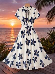 Franclia 女士优雅印花系带长裙 - 黑與白 - 查看 1