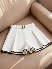 Elenzga 女士优雅白色短裤，撞色滚边，腰带设计，休闲度假短裤 - 白色 - 查看 1