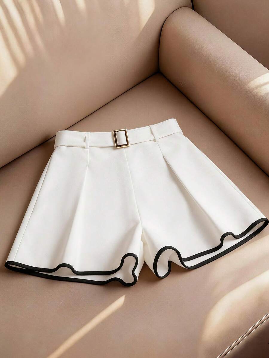 Elenzga 女士优雅白色短裤，撞色滚边，腰带设计，休闲度假短裤 - 白色 - 查看 1