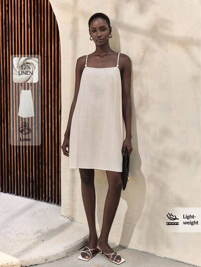 Ontre 2026春夏新款女装，适合返校、情人节、度假、婚礼宾客、商务休闲、复古优雅百搭基础款、纳什维尔风格服饰、米色吊带迷你裙、时尚百搭女士吊带短裙、优雅女士正装