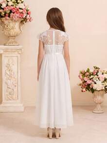 Pitira 少女白色纯色网纱刺绣透视拼接腰部连衣裙，白色公主裙，适合花童、婚礼季、情人节、派对、生日、春节等场合 - 白色 - 查看 2