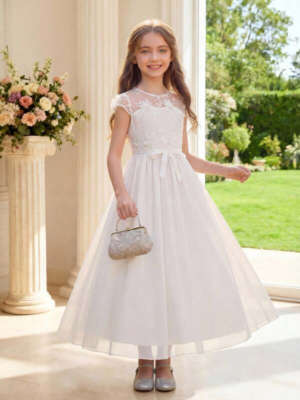 Pitira Tween Girls White Solid Color Mesh Embroidered Sheer Patchwork Waist Dress, White Princess Dress, Suitable For Flower Girl, Wedding Season, Valentine's Day, Party, Birthday, Spring Festival And Other Occasions