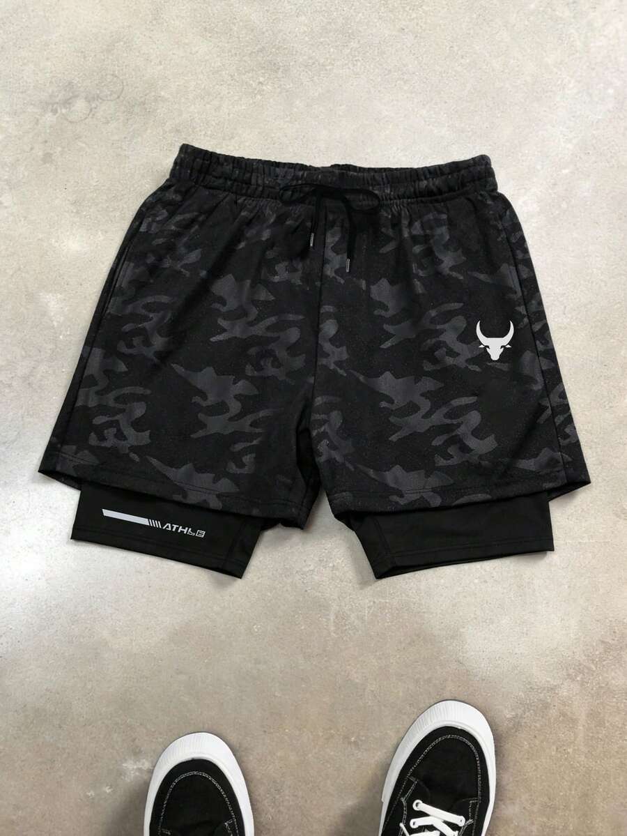 Sport MetroGents Men's Camouflage Bull Head Print Drawstring Waist Double Layer Sports Shorts, Gym - Black - View 1