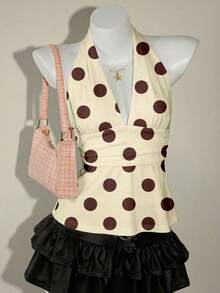 SHEIN ICON Áo tank top nữ dáng chữ A cổ yếm, cổ chữ V khoét sâu, hở lưng, họa tiết chấm bi, phong cách retro Y2K đa năng, phù hợp cho các lễ hội âm nhạc, kỳ nghỉ, dã ngoại mùa hè. - Nhiều màu - Xem 4