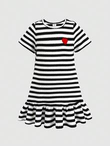 女童针织条纹心形图案圆领连衣裙 - 黑色 - 查看 1