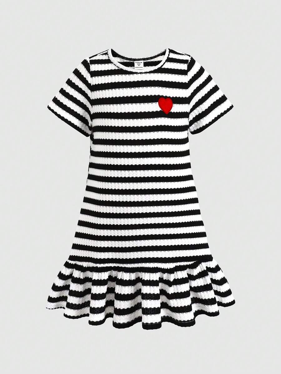 女童针织条纹心形图案圆领连衣裙 - 黑色 - 查看 1