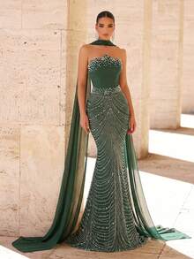Glamrae 优雅奢华亮片水钻装饰仿珍珠吊带美人鱼连衣裙，配有可拆卸颈带，适合婚礼、派对、度假、晚宴、正式场合（装饰繁复） - 綠色 - 查看 6