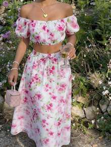 Lucivie 女士浪漫露肩碎花两件套 | 荷叶边短款上衣和长裙套装，性感优雅的春夏度假约会装 - 粉色 - 查看 1