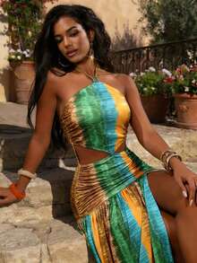 Lureya 女士时尚露背吊带性感镂空收腰紧身条纹扎染荷叶边开衩连衣裙，适合春夏度假穿着 - 彩色 - 查看 1