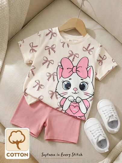 Cozy Pixies 2pcs Baby Girl Bow Knit Soft Round Neck Short Sleeve Top And Elastic Waist Shorts Set