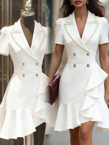 Ellegaria. 高端白色缎面领珍珠装饰双排扣连衣裙，法式复古泡泡袖收腰荷叶边鱼尾裙，通勤、约会、晚宴礼服，优雅修身白色正式连衣裙 - 白色 - 查看 1