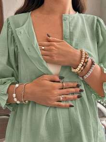 SHEIN Áo sơ mi bầu màu trơn cổ tròn tay lửng 3/4 cài một hàng khuy kiểu dáng thường ngày - Màu xanh Bạc hà - Xem 5