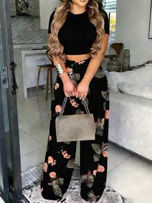 Conjunto de Top corto con estampado floral y pantalones largos con estampado de plantas para mujeres, ideal para primavera/verano - Negro - Ver 5