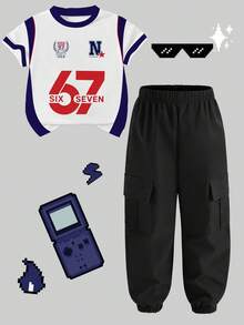 Bộ đồ 2 món cho bé trai, áo thun ngắn tay in hình hoạt hình graffiti + quần jogger cargo, phong cách đường phố hip hop, thoải mái, đa năng cho mọi mùa. - màu đen - Xem 5